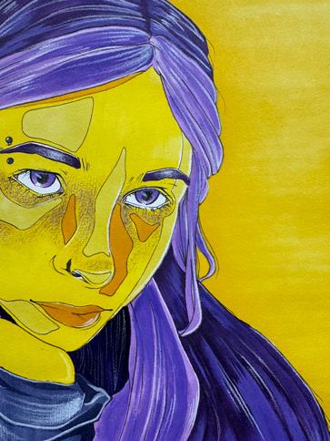 Self-portrait, purple and yellow face, detail of color theory project by <a href='http://xdwk.hrfjk.com'>十大彩票平台</a> fine arts major, Sarah Wojnarowski